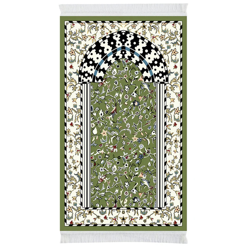 Olive green mihrab Islamic prayer mat with floral pattern and arch design – Stylish Rugs & Carpets