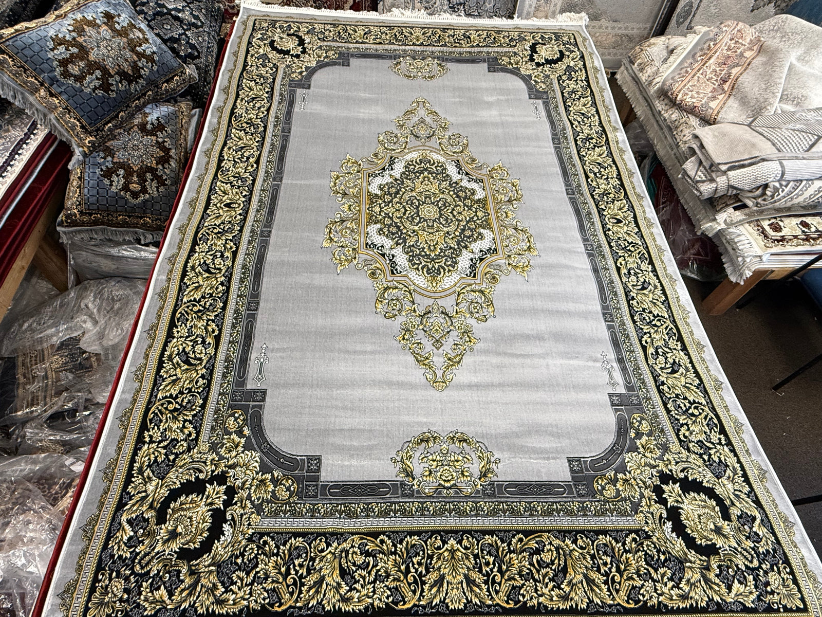 Shah Persian Carpet Gray and Gold Background | Stylish Rugs & Carpets