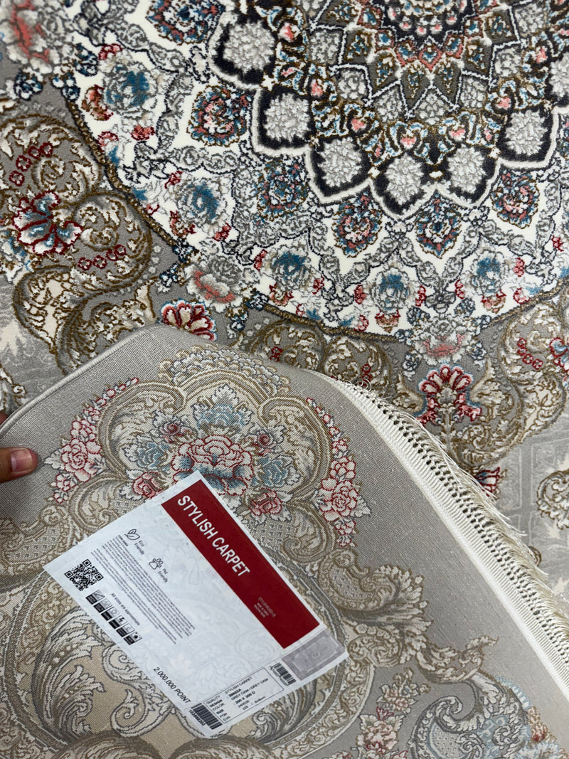 Luxury Persian Carpet Medallion Light Cream Background Soft Gray Border 2 Million Points