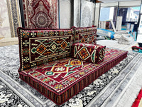 ست مبل سنتی عربی ۴ تکه مخملی زرشکی لوکس برای نشیمن و سالن
