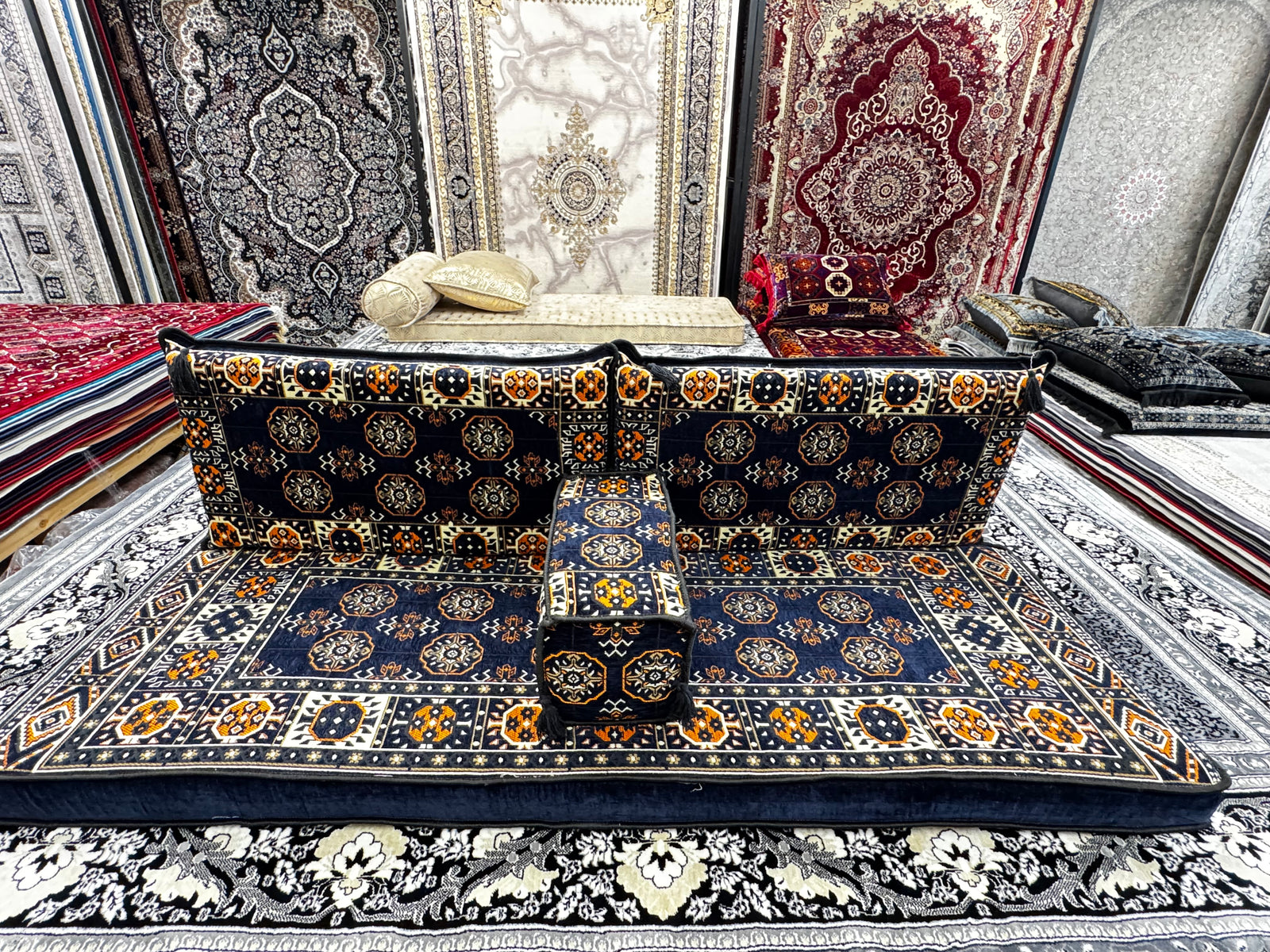 Navy Luxurious Majlis 4-Piece Arabic Floor Seating Premium
