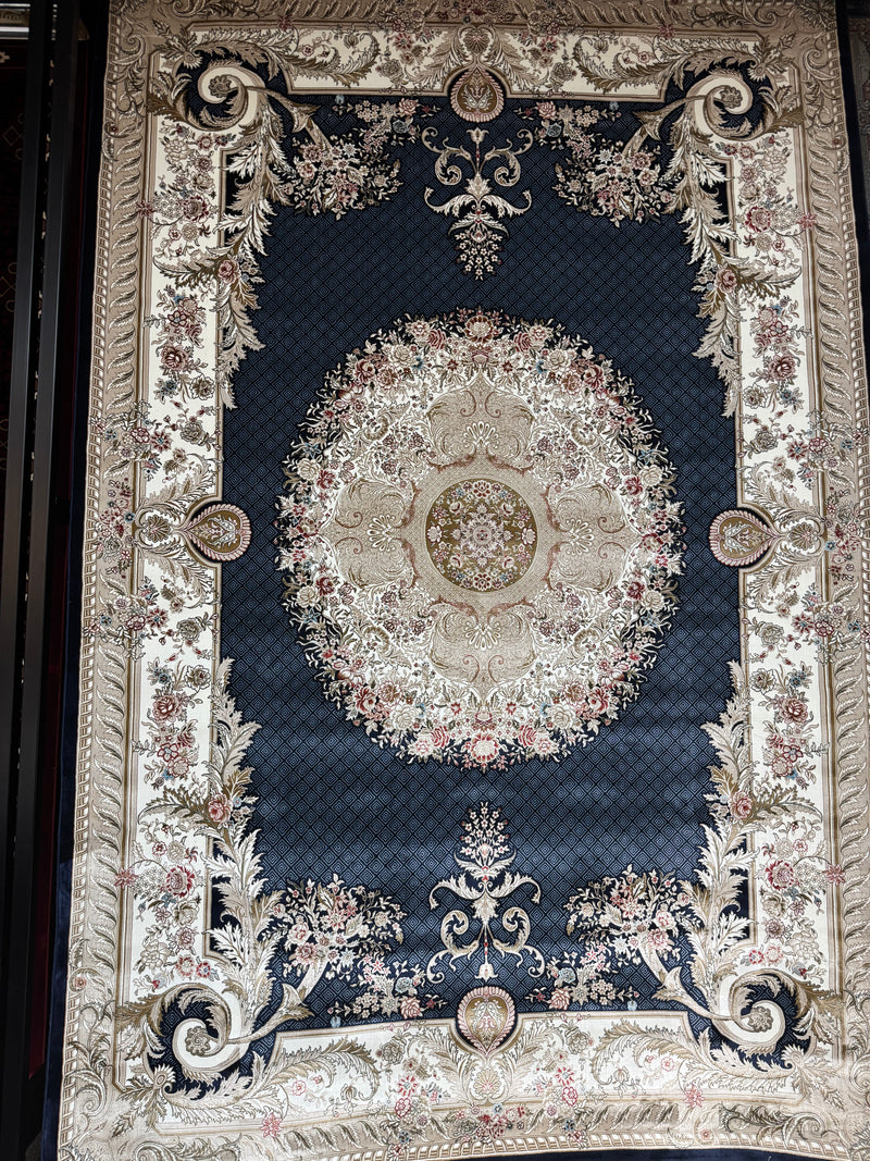 Persian Classic Carpet Navy Background Golden Medallion Cream Floral Borders