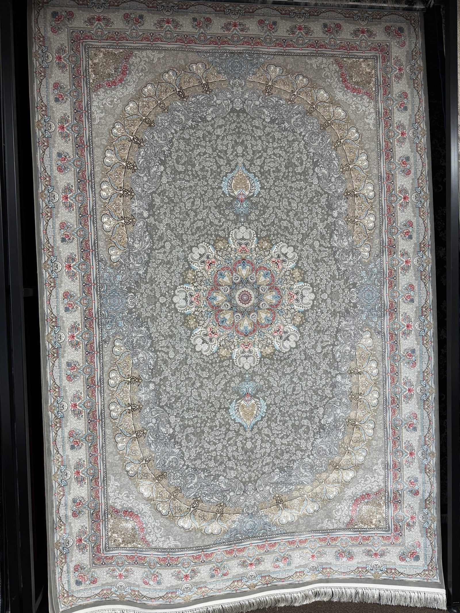 Persian Oval Carpet Gray Background Central Medallion Pastel Accents 2 Million Points