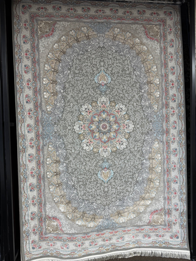 Persian Oval Carpet Gray Background Central Medallion Pastel Accents 2 Million Points