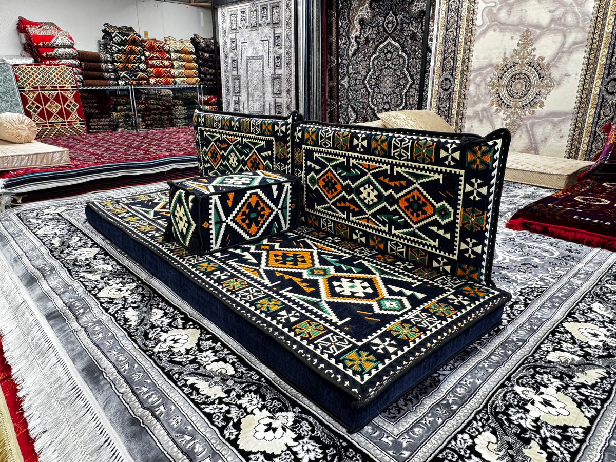 Navy Luxurious Majlis – 4-Piece Traditional Arabic Floor Sofa Set for Living Room & Lounge