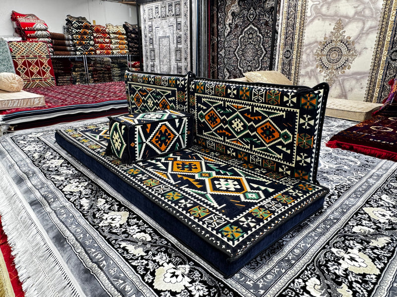 Navy Luxurious Majlis 4-Piece Traditional Arabic Floor Sofa Set