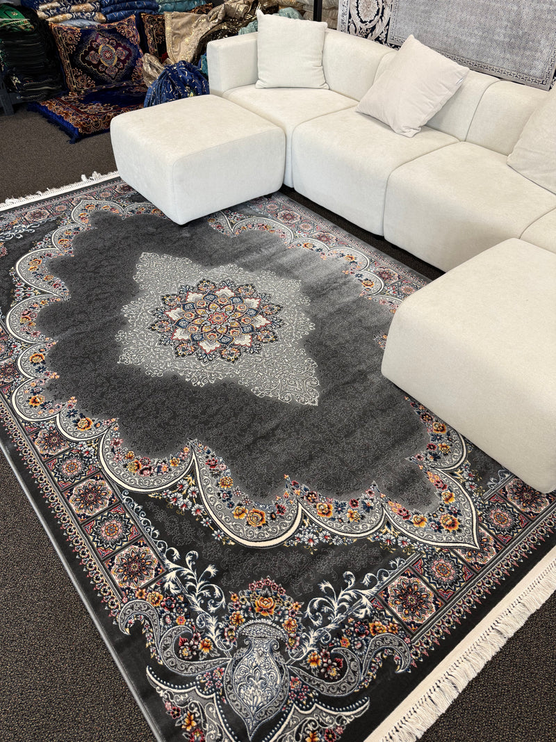 2026 Luxury Traditional Persian-Inspired Rug Dark Gray Ornate Medallion Arch Design 1200 Reeds