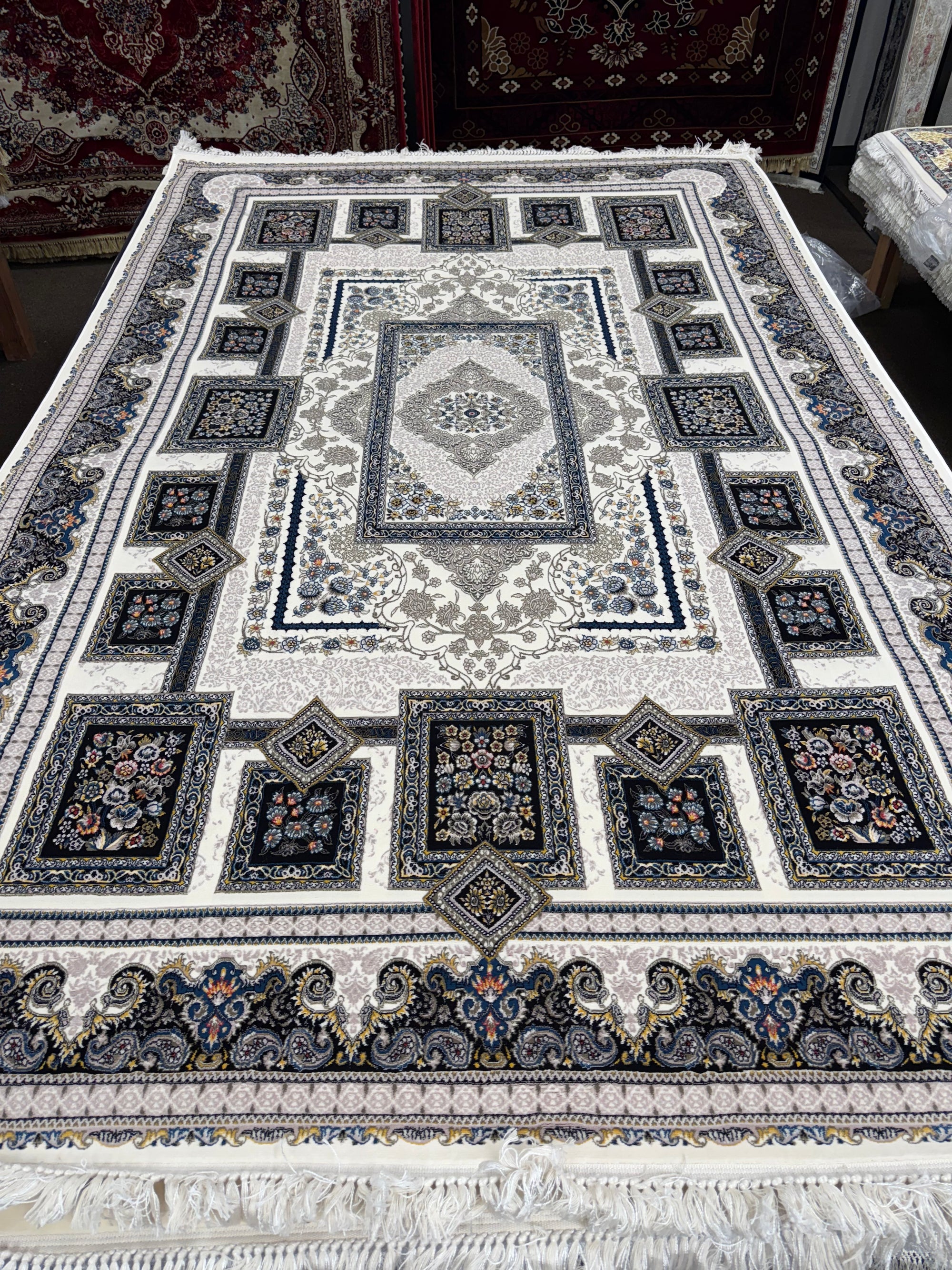 Modern Persian Carpet Cream and Silver Background | Stylish Rugs & Carpets