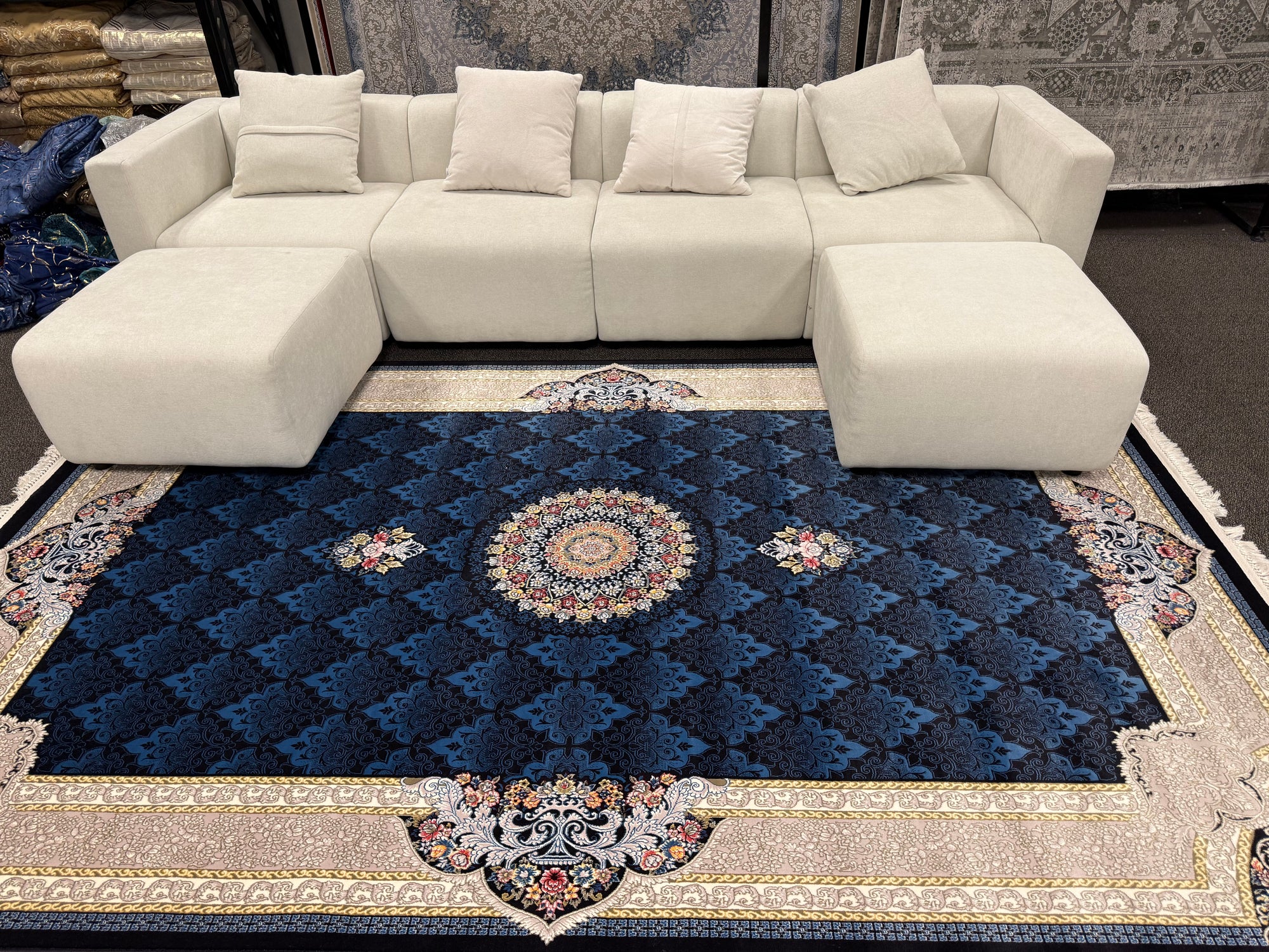 2026 Luxury Traditional Persian-Inspired Rug – Deep Navy Blue with Classic Central Medallion | 1200 Reeds