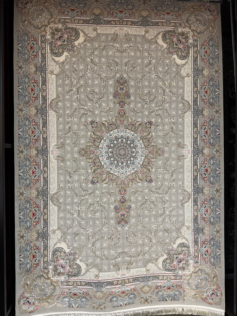 Luxury Persian Carpet Medallion Light Cream Background Soft Gray Border 2 Million Points
