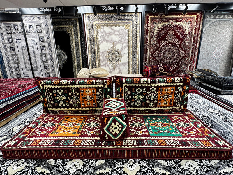Dark Red Luxurious Majlis 4-Piece Arabic Floor Sofa Pattern