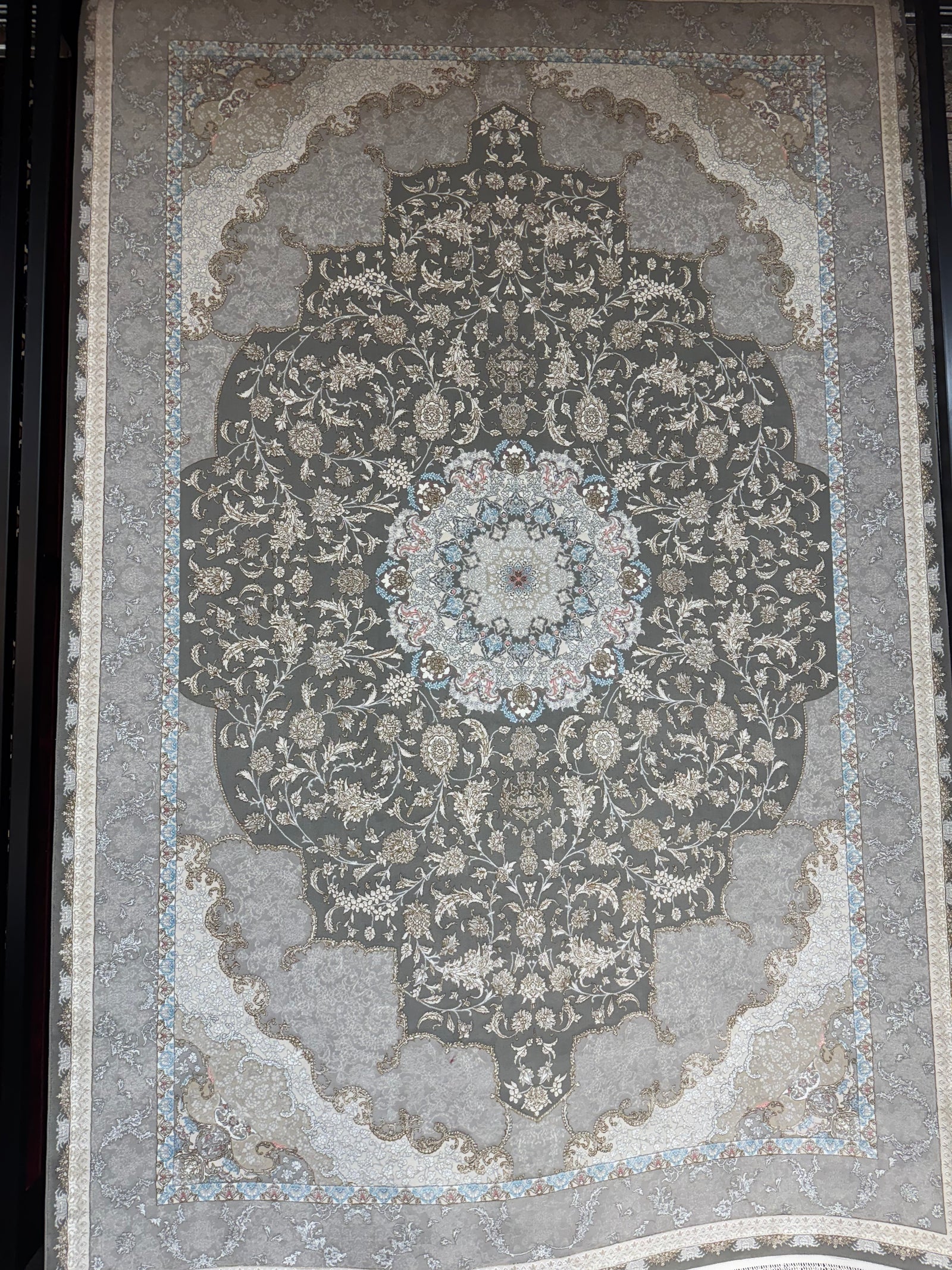 Persian Carpet Gray Background Intricate Floral Medallion Subtle Border Details