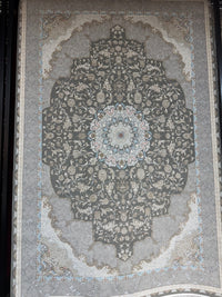 Persian Carpet Gray Background Intricate Floral Medallion Subtle Border Details