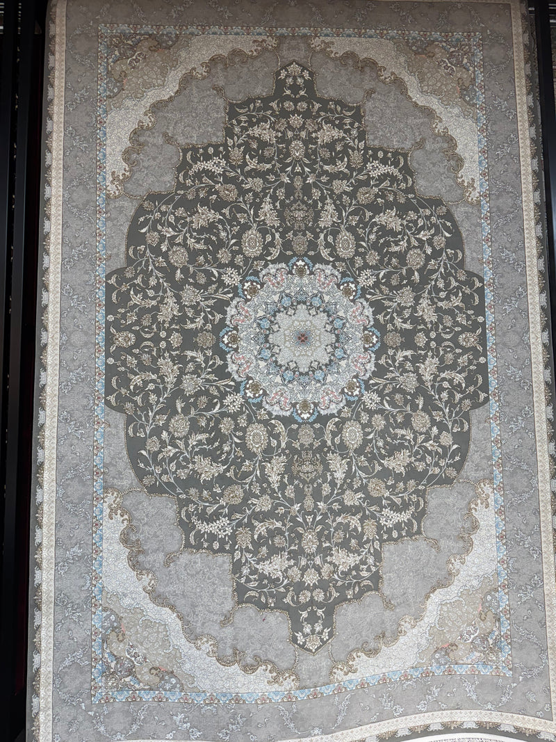 Persian Carpet Gray Background Intricate Floral Medallion Subtle Border Details