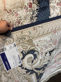 Persian Classic Carpet with Navy Background, Golden Medallion, and Cream Floral Borders