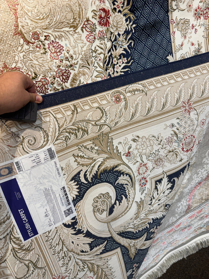 Persian Classic Carpet Navy Background Golden Medallion Cream Floral Borders