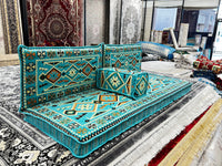 مبل مجلسی عربی فیروزه ای، نشیمن کف عربی، کاناپه عربی، جلسه عربی، مبل کف بالکن، مبلمان اتاق نشیمن عربی
