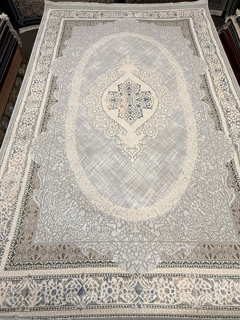 18 Lancet Paradise Light Gray Oval Crosshatch Medallion Turkish Rug | Stylish Rugs