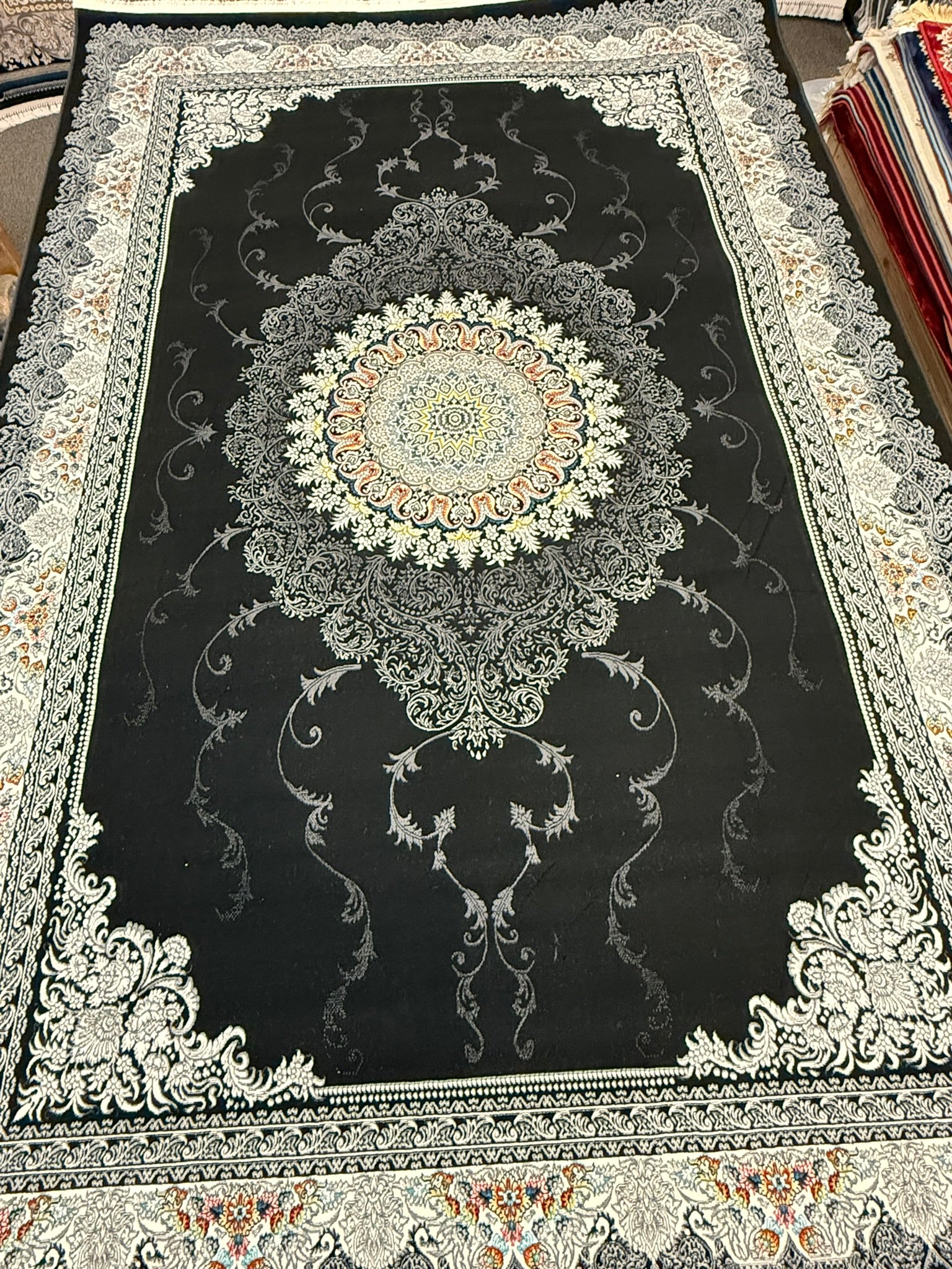 Black Floral Circular Medallion Turkish Rug | Stylish Rugs