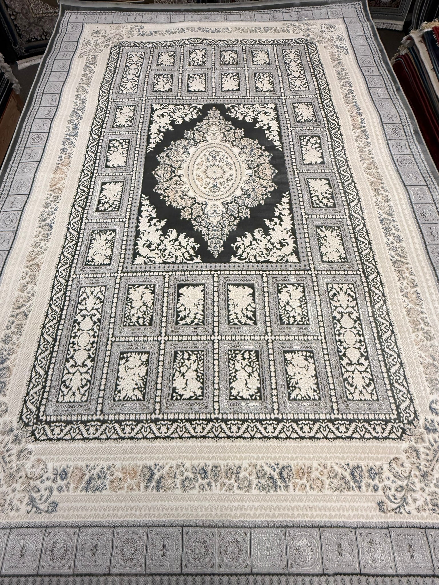 Light Gray Garden Panel Medallion Turkish Rug | Stylish Rugs