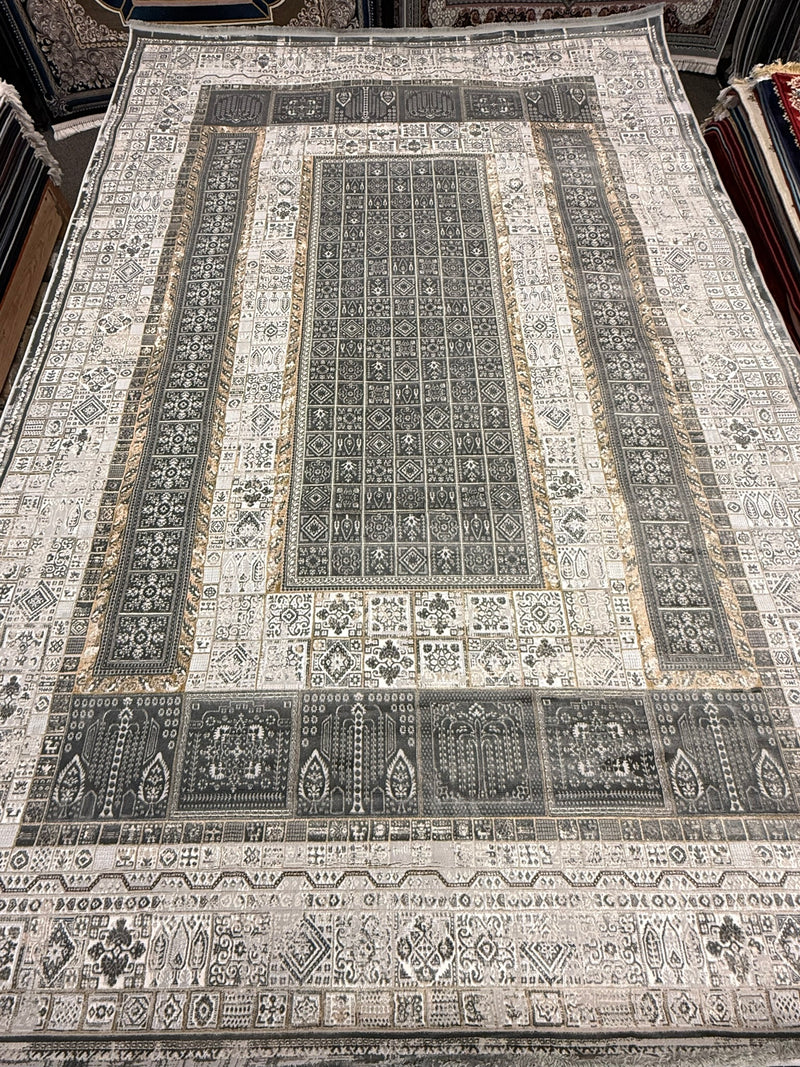 Light Gray Geometric Tile Panel Turkish Rug | Stylish Rugs