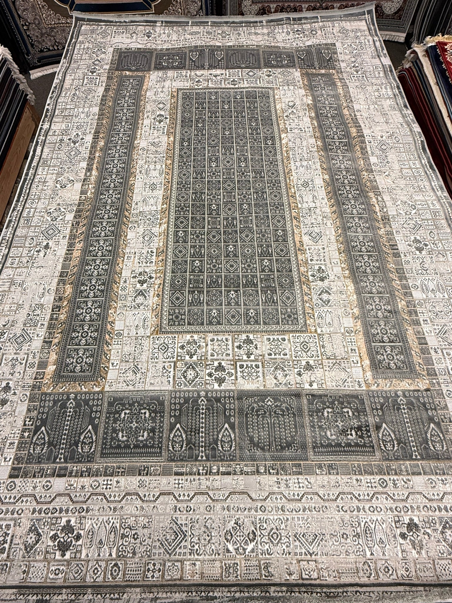 Light Gray Geometric Tile Panel Turkish Rug | Stylish Rugs