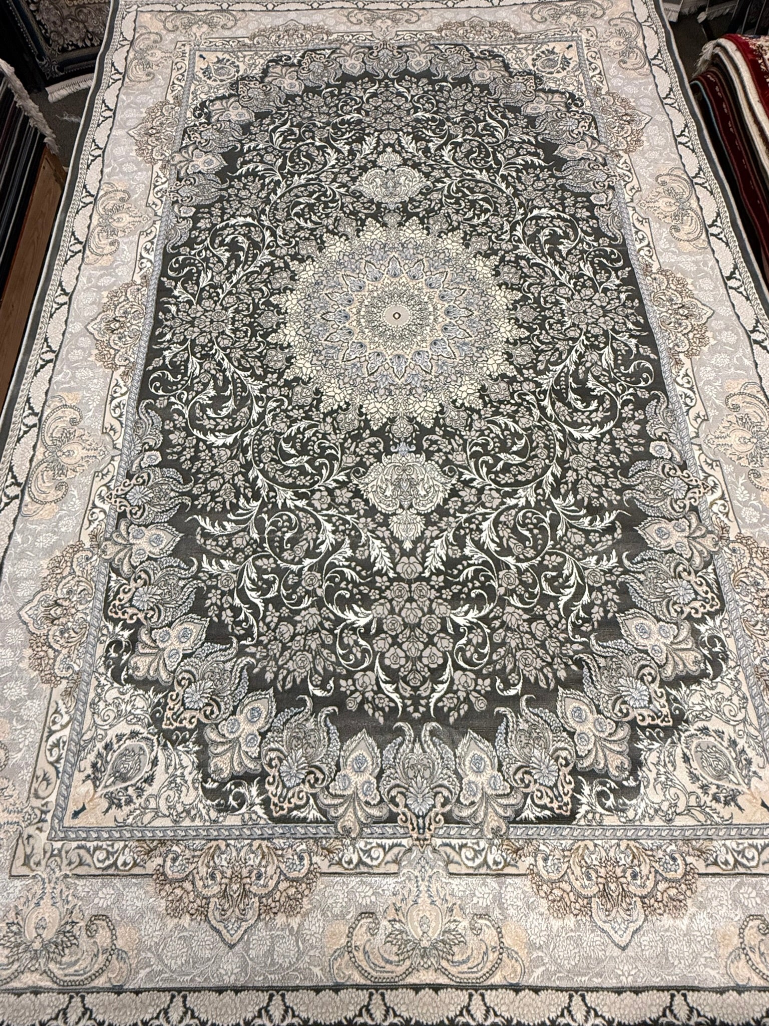Dark Gray Floral Medallion Turkish Rug | Stylish Rugs