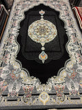 Black Ornate Paisley Border Medallion Turkish Rug | Stylish Rugs