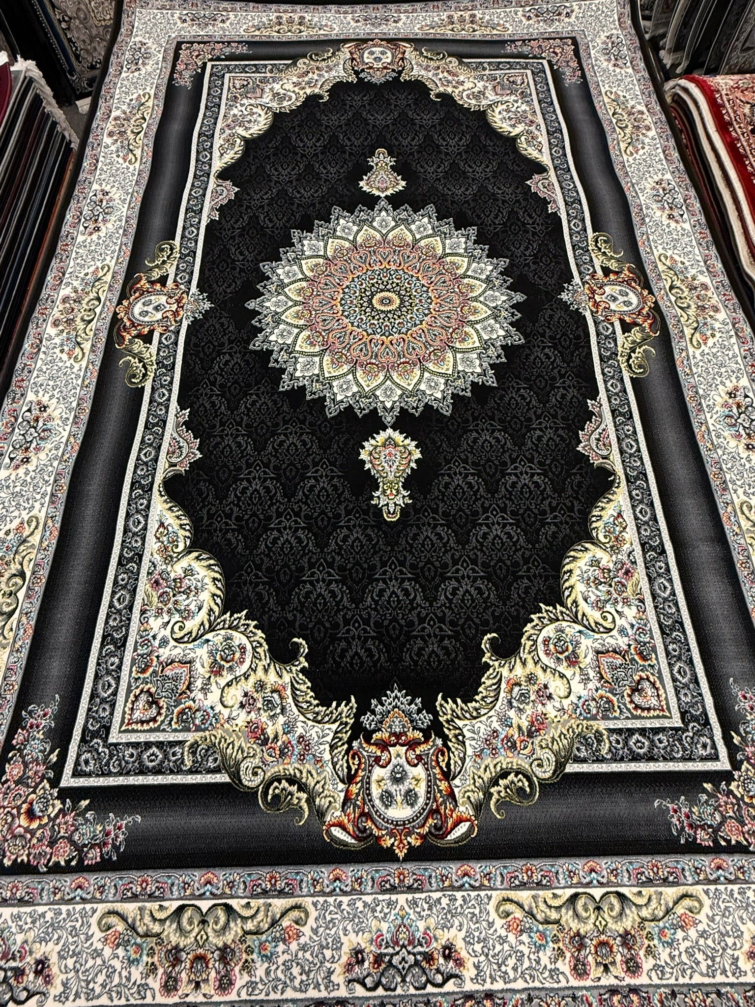 Black and Gold Floral Medallion Turkish Rug | Stylish Rugs