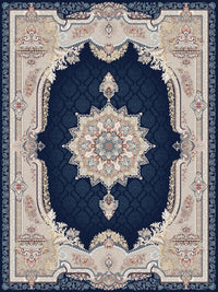 2026 Luxury Persian-Inspired Traditional Rug Deep Navy Blue Ornate Frame Medallion 1200 Reeds