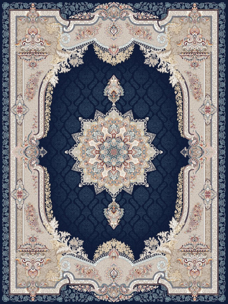 2026 Luxury Persian-Inspired Traditional Rug Deep Navy Blue Ornate Frame Medallion 1200 Reeds