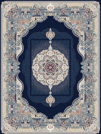 2026 navy blue Persian-inspired traditional rug with royal medallion, 1200 reeds, detailed floral border