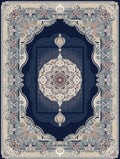 2026 navy blue Persian-inspired traditional rug with royal medallion, 1200 reeds, detailed floral border