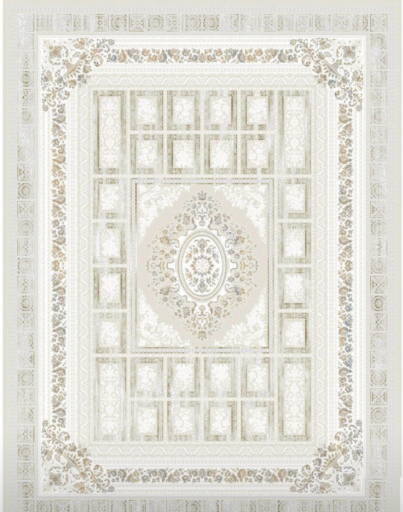 Beige garden-panel Turkish rug, design 5558A, with a floral oval medallion and ivory panel field — Stylish Rugs & Carpets