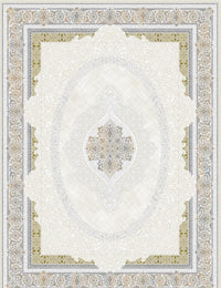 Beige oval medallion Persian-design rug, design 5557A, with gold and gray floral borders — Stylish Rugs & Carpets
