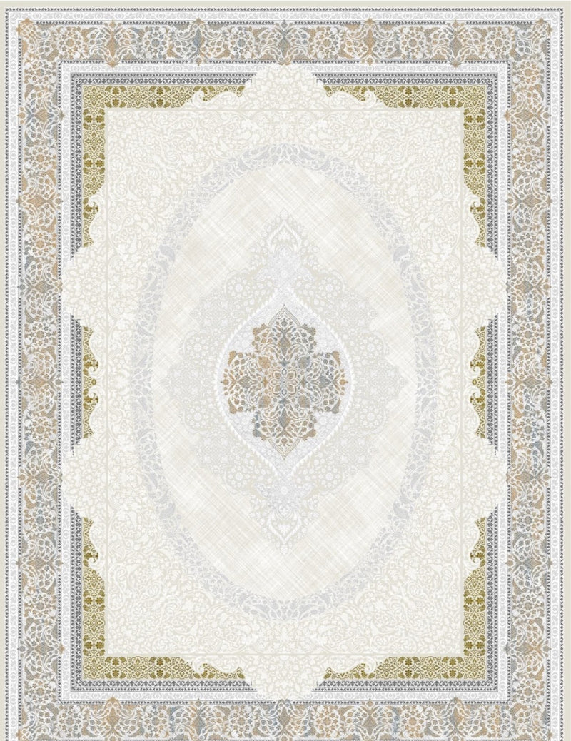 Beige oval medallion Persian-design rug, design 5557A, with gold and gray floral borders — Stylish Rugs & Carpets