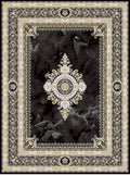 Black and gold Persian-design rug, design 5535C, with a white-and-gold medallion on a black marble field and gold scroll borders — Stylish Rugs & Carpets
