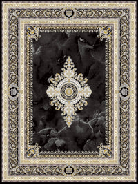 Black and gold Persian-design rug, design 5535C, with a white-and-gold medallion on a black marble field and gold scroll borders — Stylish Rugs & Carpets
