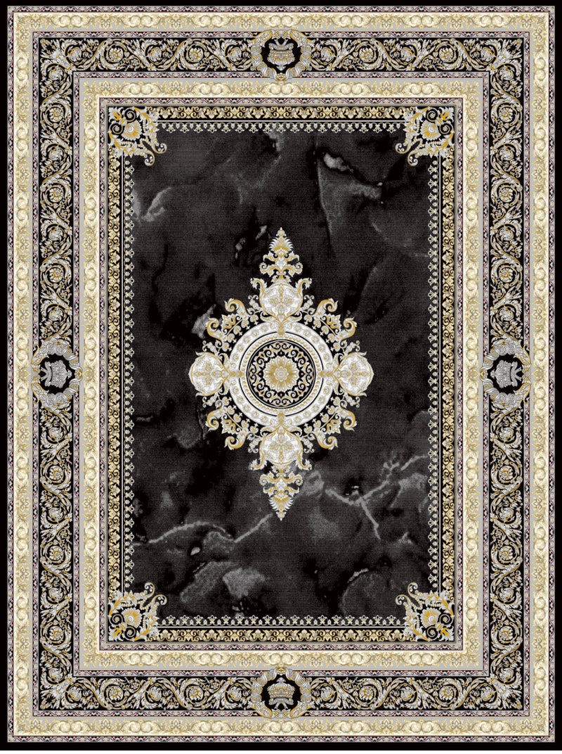 Black and gold Persian-design rug, design 5535C, with a white-and-gold medallion on a black marble field and gold scroll borders — Stylish Rugs & Carpets