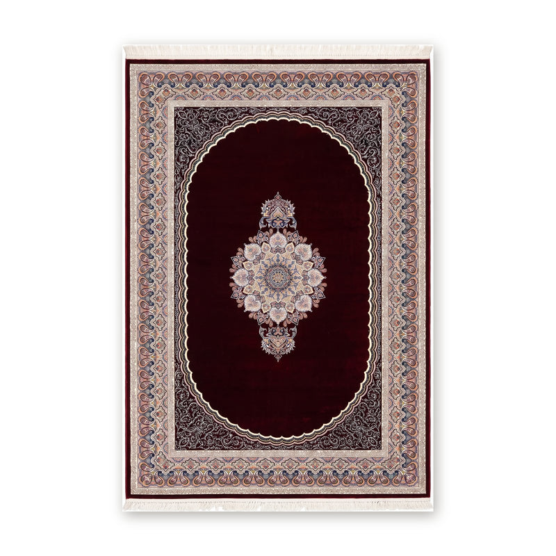 Burgundy Red Medallion Persian Rug · 1200 Reeds · 3M Points — the whole rug from above, deep burgundy field with ivory medallion and paisley border, 6.5x10 ft (200x300 cm)