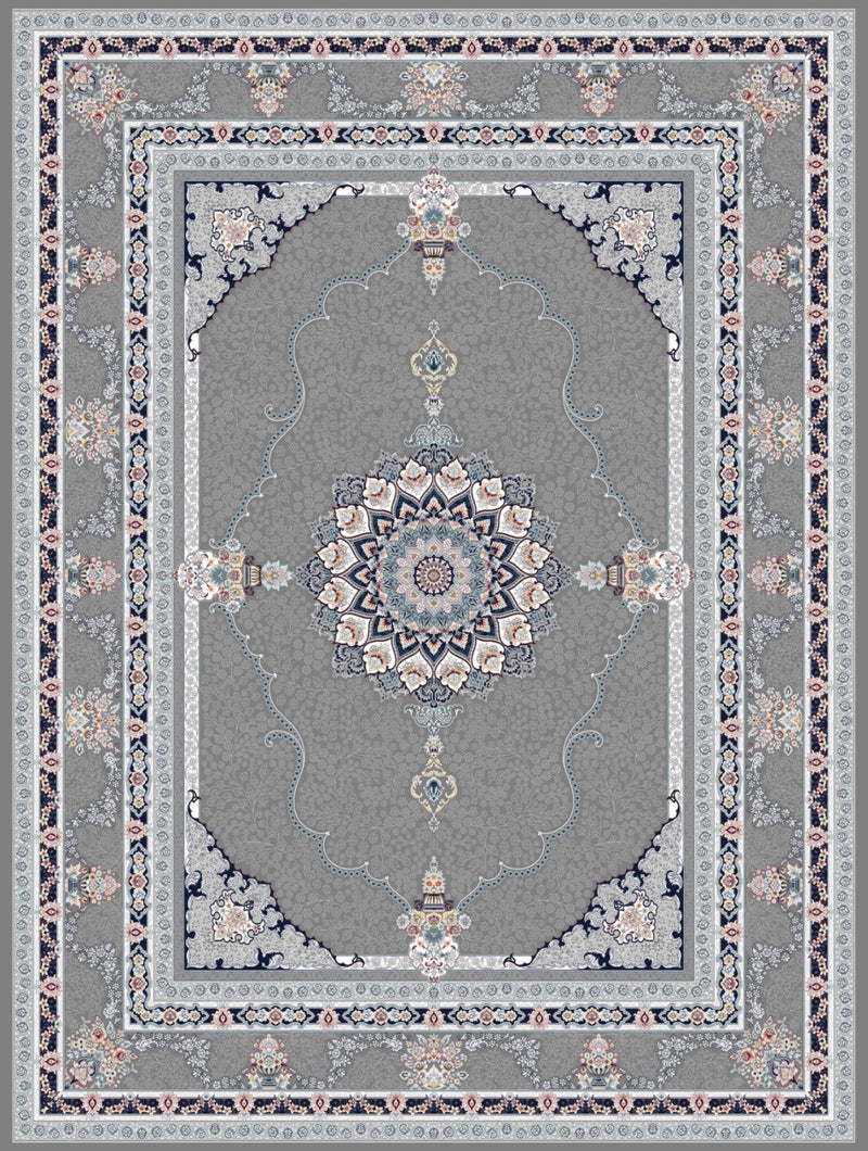 Dark gray Tabriz medallion Persian-design rug with navy and blush borders — Stylish Rugs & Carpets