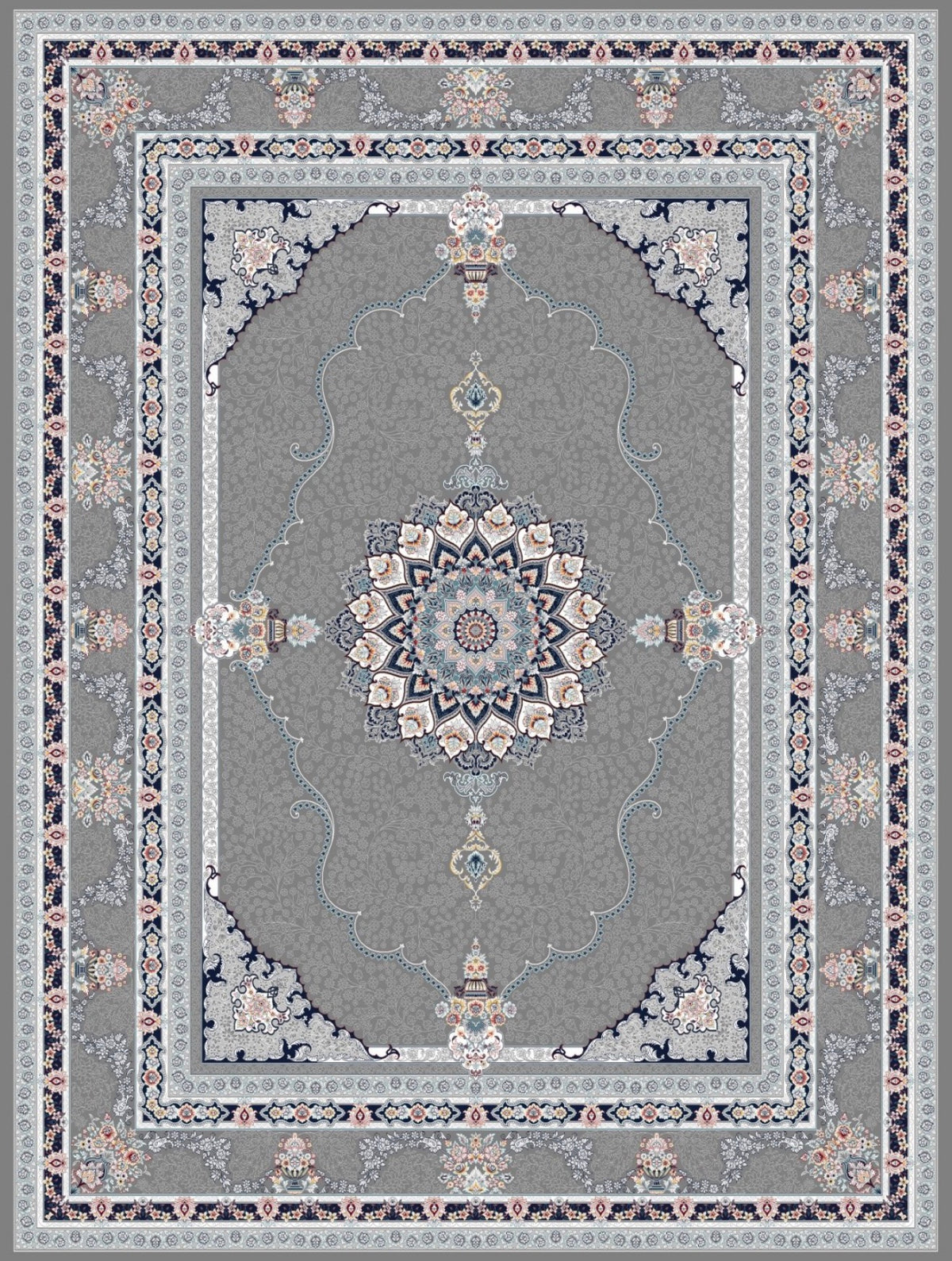Dark gray Tabriz medallion Persian-design rug with navy and blush borders — Stylish Rugs & Carpets