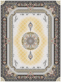 Ivory and gold lattice-field Persian-design rug with round medallion and black floral border, design 5525C, top view