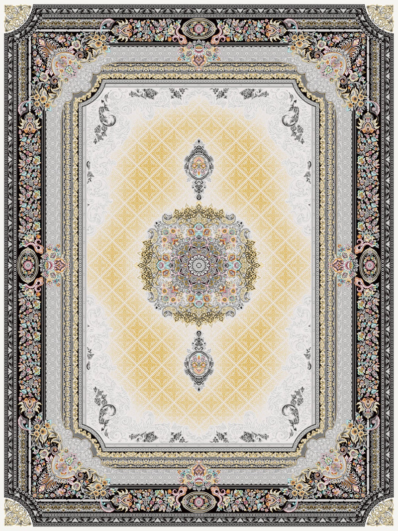 Ivory and gold lattice-field Persian-design rug with round medallion and black floral border, design 5525C, top view
