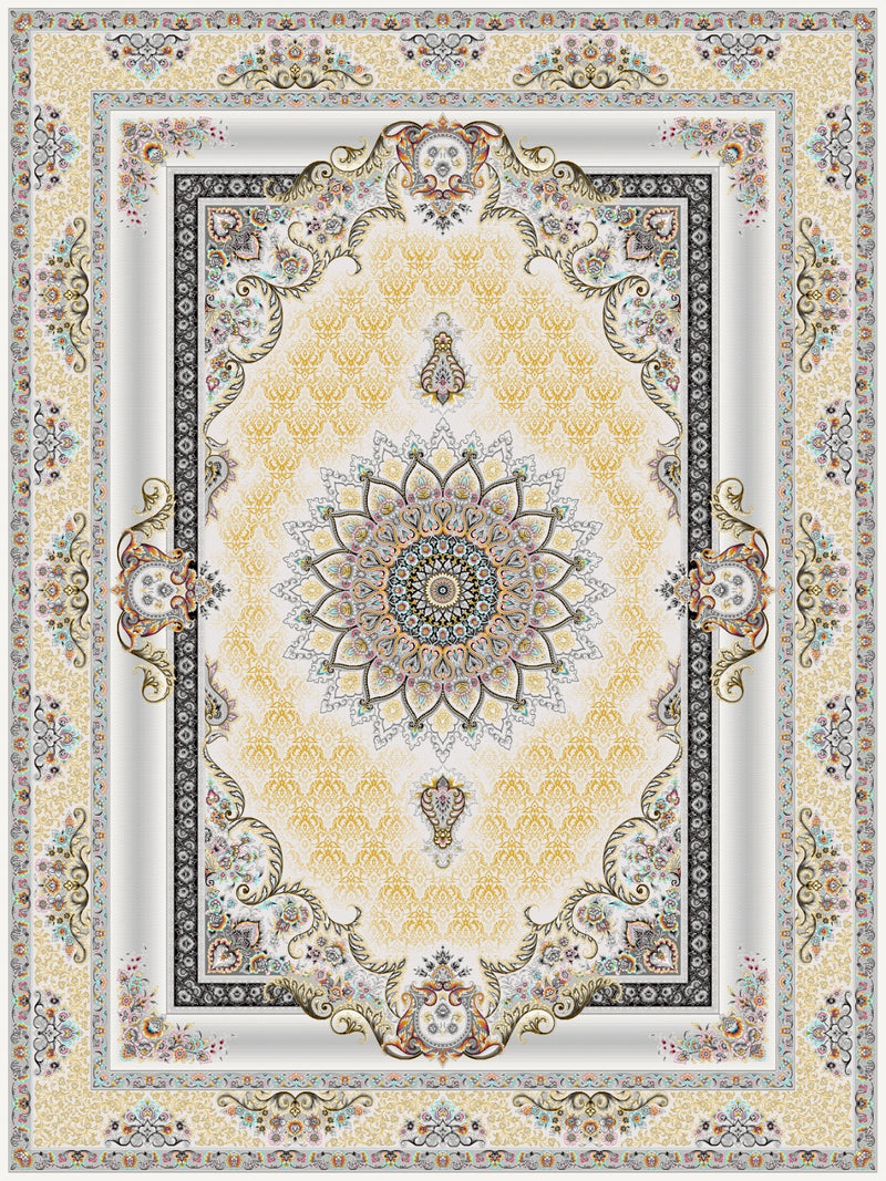 Ivory and gold Persian-design rug with starburst medallion and black inner border, design 5523C, top view
