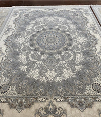 Light gray floral medallion Turkish rug, design 5552A, photographed in our Sacramento showroom — Stylish Rugs & Carpets