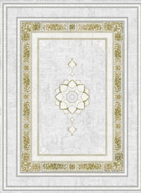 Light gray Turkish rug with a gold lotus medallion and gold floral panel border — Stylish Rugs & Carpets