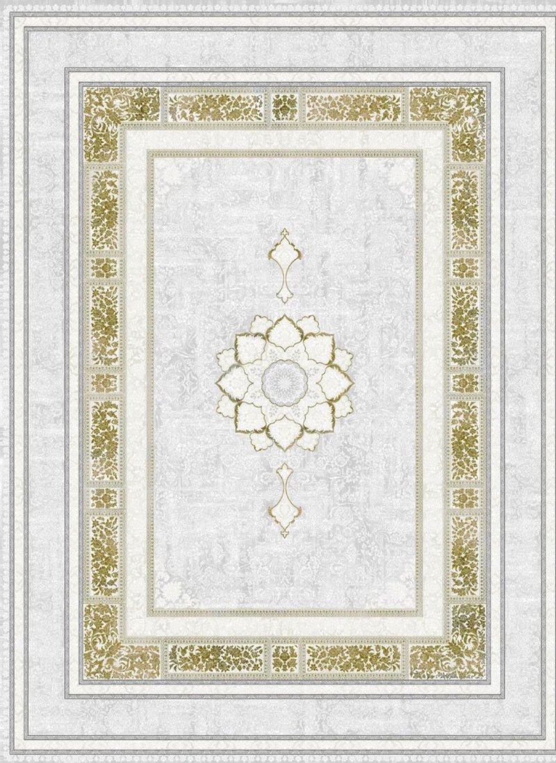 Light gray Turkish rug with a gold lotus medallion and gold floral panel border — Stylish Rugs & Carpets