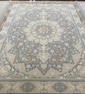 Light gray and gold medallion Turkish rug, design 5560A, photographed in our Sacramento showroom — Stylish Rugs & Carpets