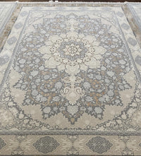 Light gray and gold medallion Turkish rug, design 5560A, photographed in our Sacramento showroom — Stylish Rugs & Carpets